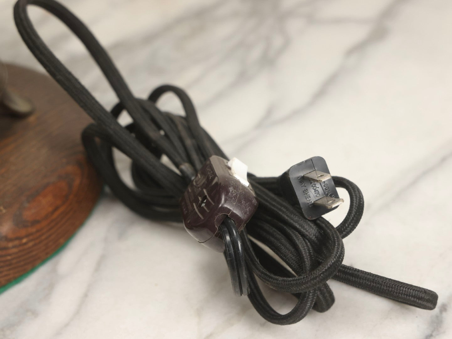 Lot 004 - Antique Kerosene To Electric Table Lamp Conversion With Ram Head Ornaments And Wooden Base, Made In U.S.A.., 18-1/4" H