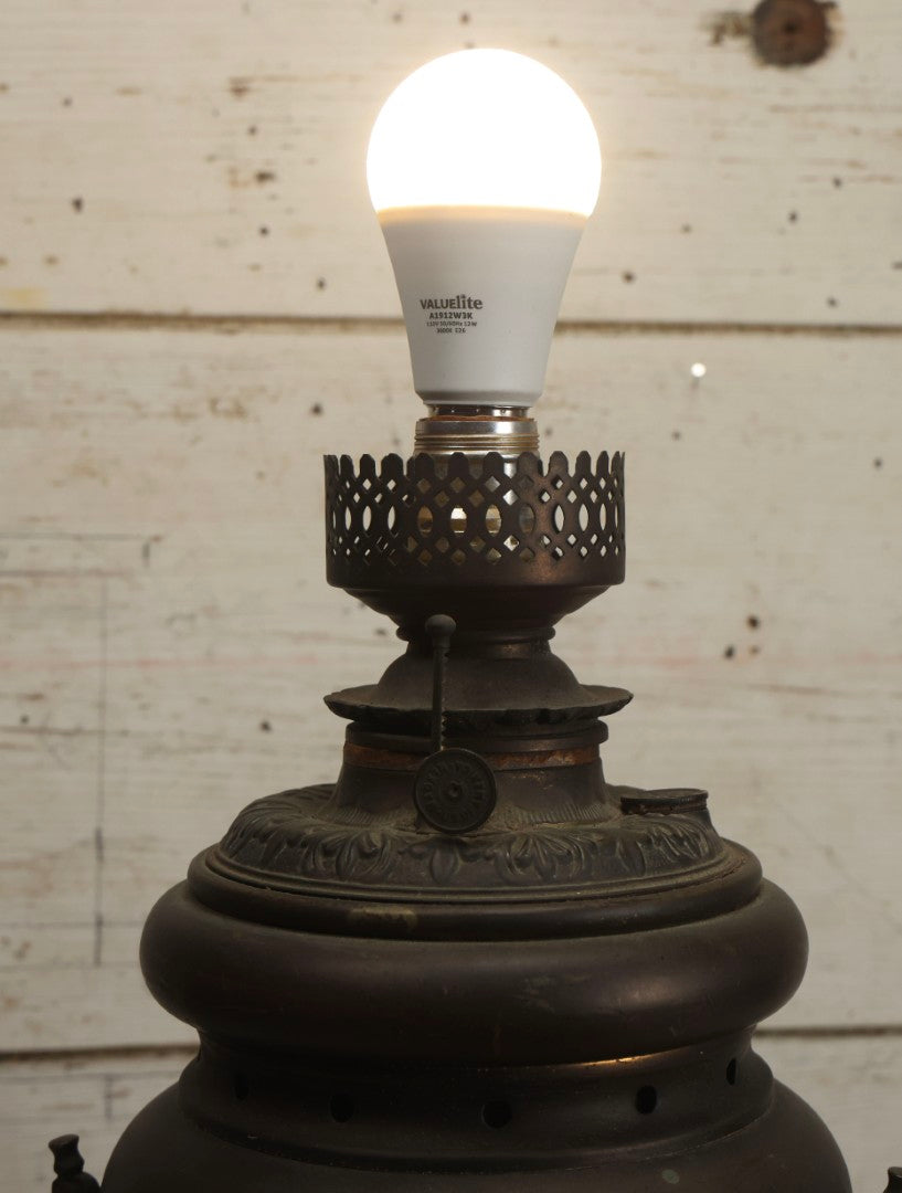 Lot 004 - Antique Kerosene To Electric Table Lamp Conversion With Ram Head Ornaments And Wooden Base, Made In U.S.A.., 18-1/4" H