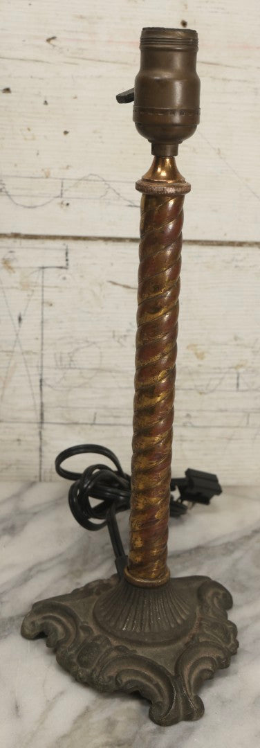 Lot 005 - Antique Gas Lamp To Electric Conversion With Brass Spiral Column And Ornate Cast Iron Base, 15-1/4" H