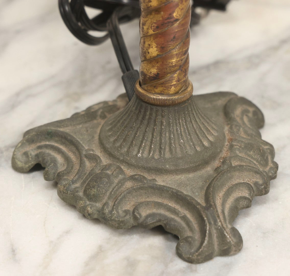 Lot 005 - Antique Gas Lamp To Electric Conversion With Brass Spiral Column And Ornate Cast Iron Base, 15-1/4" H