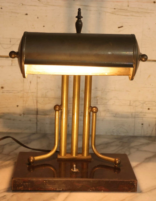 Lot 006 - Antique Brass Desk Lamp With Faux Slate Wood Base And Mechanical Power Switch, 14-1/4" H