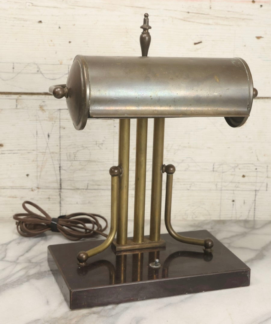 Lot 006 - Antique Brass Desk Lamp With Faux Slate Wood Base And Mechanical Power Switch, 14-1/4" H