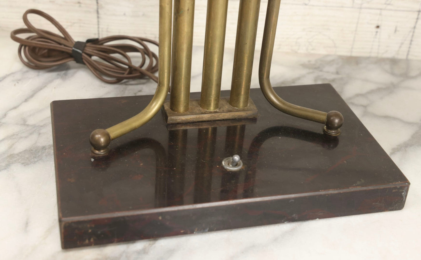 Lot 006 - Antique Brass Desk Lamp With Faux Slate Wood Base And Mechanical Power Switch, 14-1/4" H