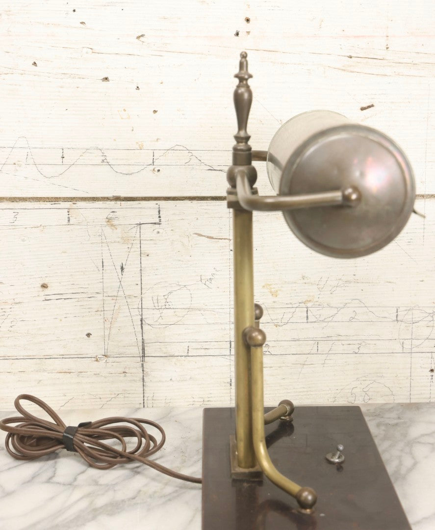 Lot 006 - Antique Brass Desk Lamp With Faux Slate Wood Base And Mechanical Power Switch, 14-1/4" H