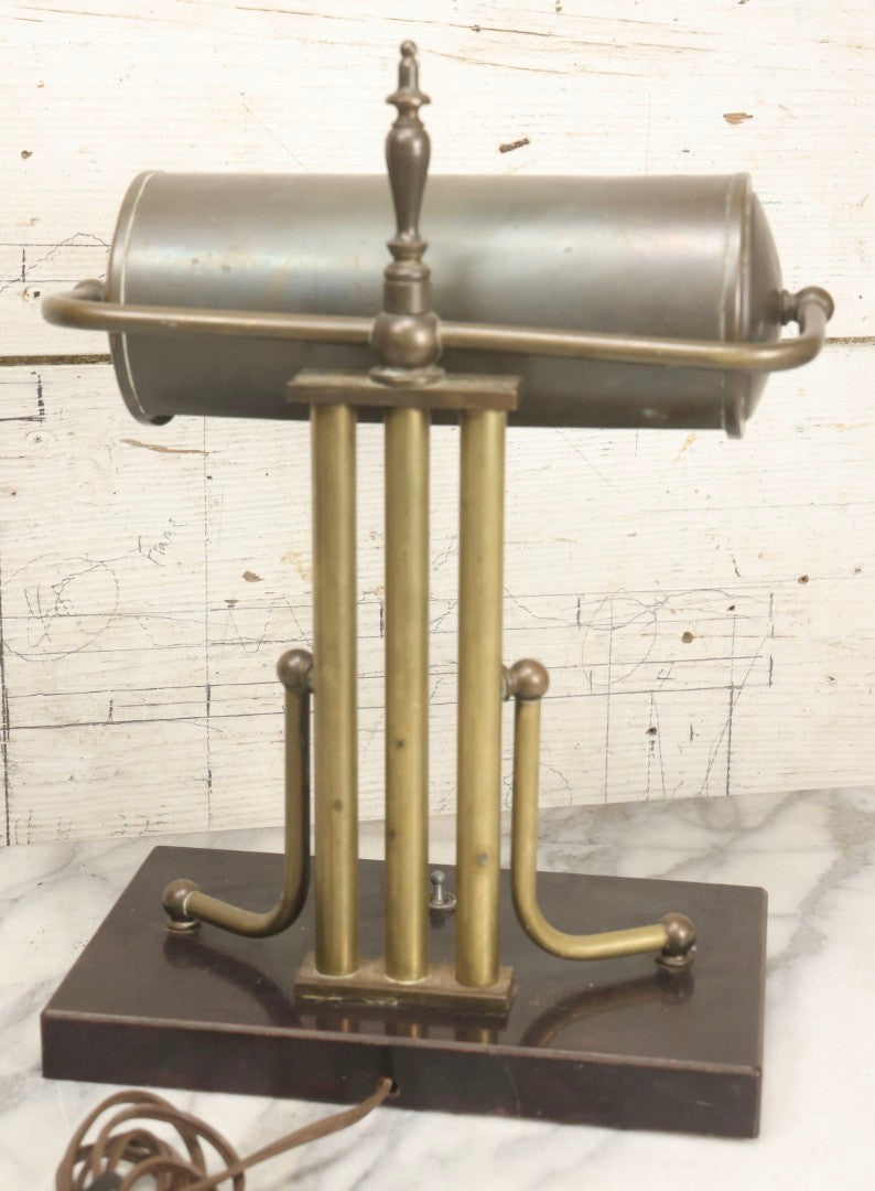 Lot 006 - Antique Brass Desk Lamp With Faux Slate Wood Base And Mechanical Power Switch, 14-1/4" H