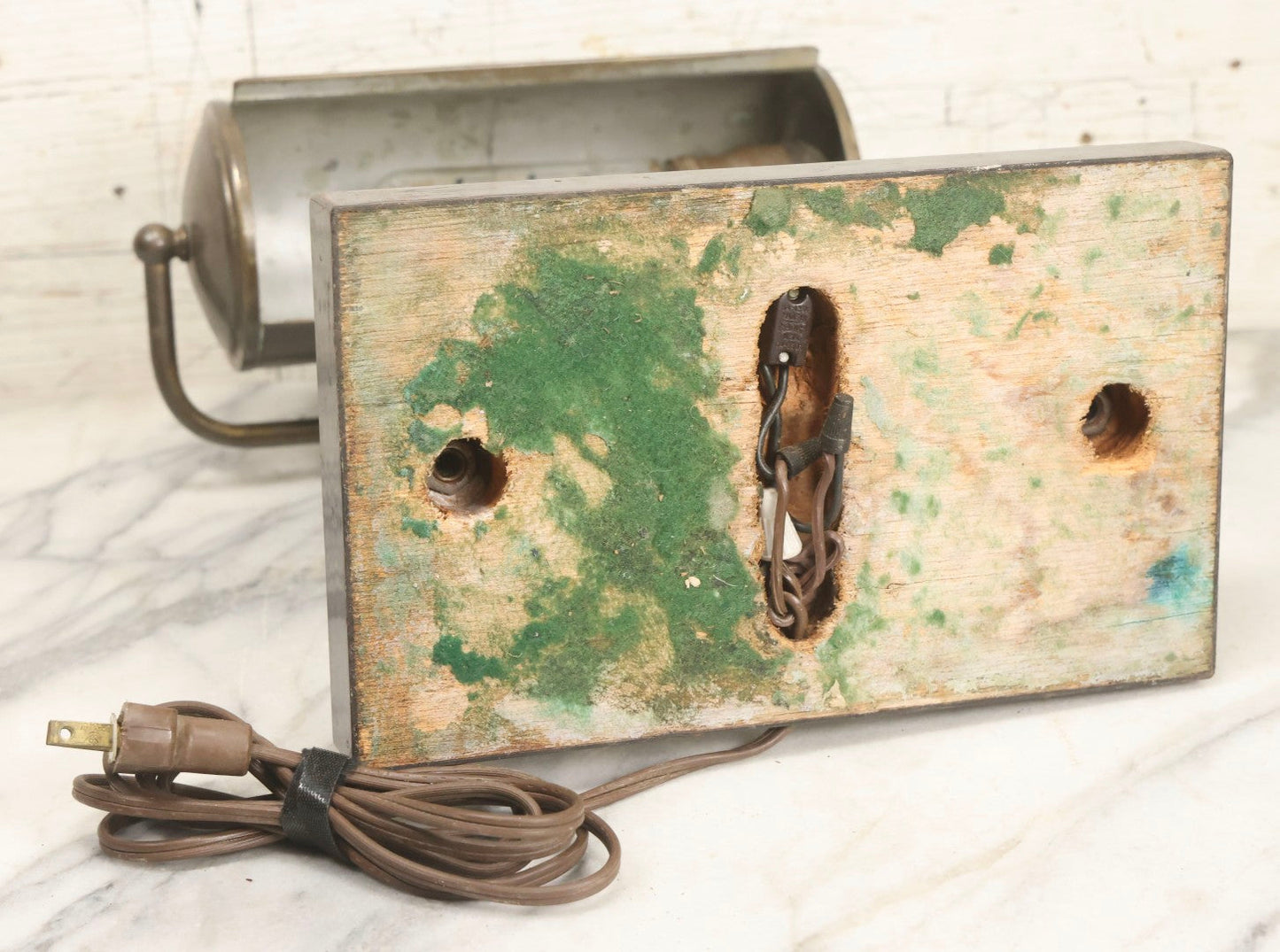 Lot 006 - Antique Brass Desk Lamp With Faux Slate Wood Base And Mechanical Power Switch, 14-1/4" H