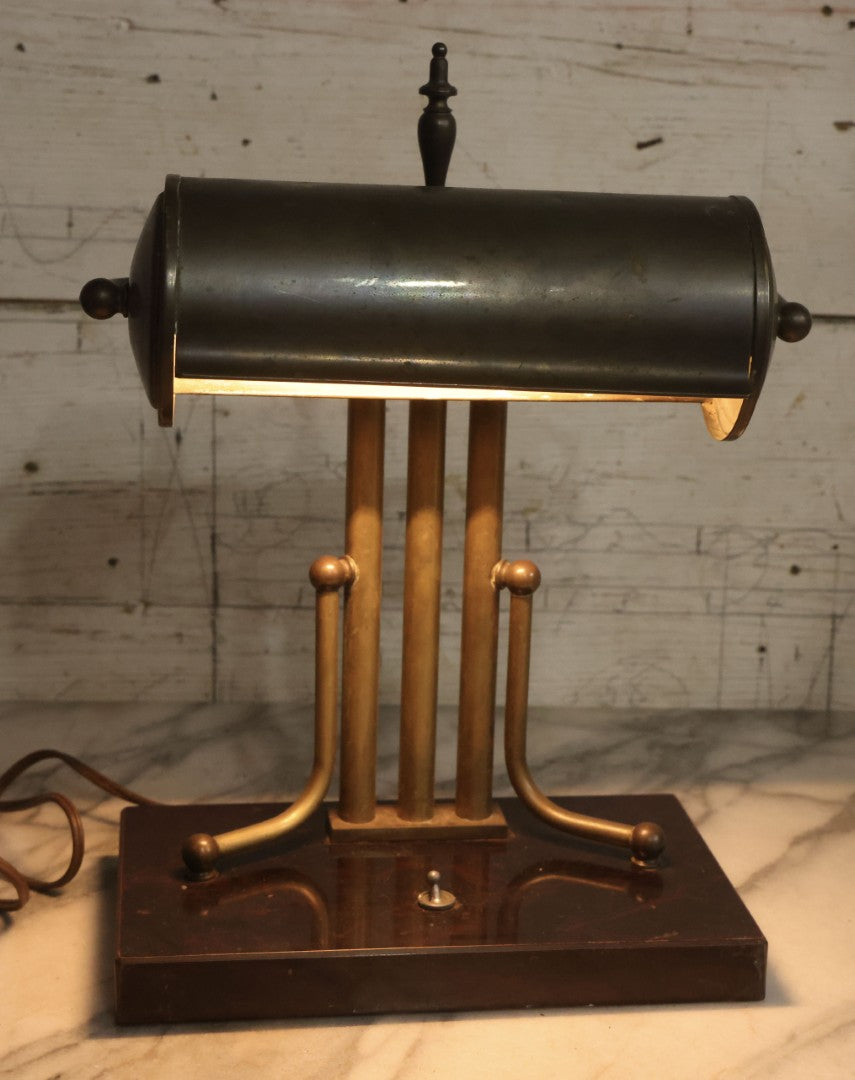 Lot 006 - Antique Brass Desk Lamp With Faux Slate Wood Base And Mechanical Power Switch, 14-1/4" H