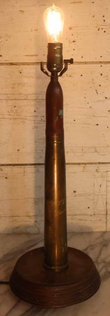 Lot 007 - Antique WWI Era Artillery Shell Trench Art Electric Lamp With Brass Shell And Wooden Projectile, 22" H