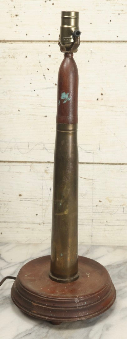 Lot 007 - Antique WWI Era Artillery Shell Trench Art Electric Lamp With Brass Shell And Wooden Projectile, 22" H