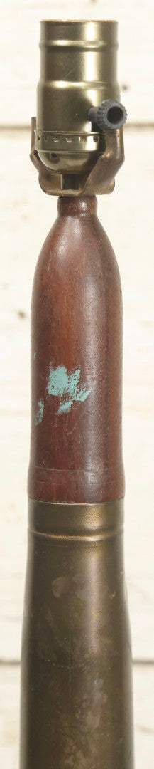 Lot 007 - Antique WWI Era Artillery Shell Trench Art Electric Lamp With Brass Shell And Wooden Projectile, 22" H