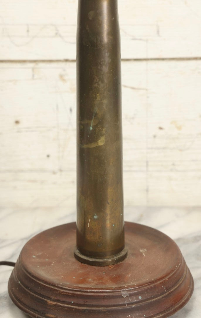 Lot 007 - Antique WWI Era Artillery Shell Trench Art Electric Lamp With Brass Shell And Wooden Projectile, 22" H