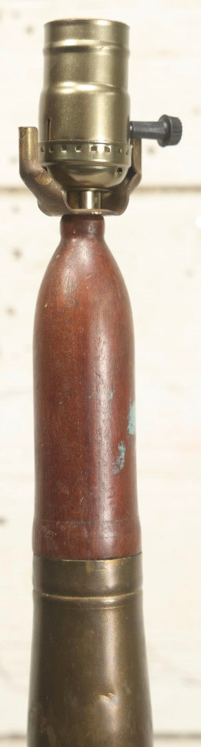 Lot 007 - Antique WWI Era Artillery Shell Trench Art Electric Lamp With Brass Shell And Wooden Projectile, 22" H
