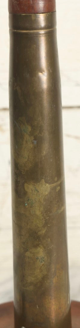 Lot 007 - Antique WWI Era Artillery Shell Trench Art Electric Lamp With Brass Shell And Wooden Projectile, 22" H