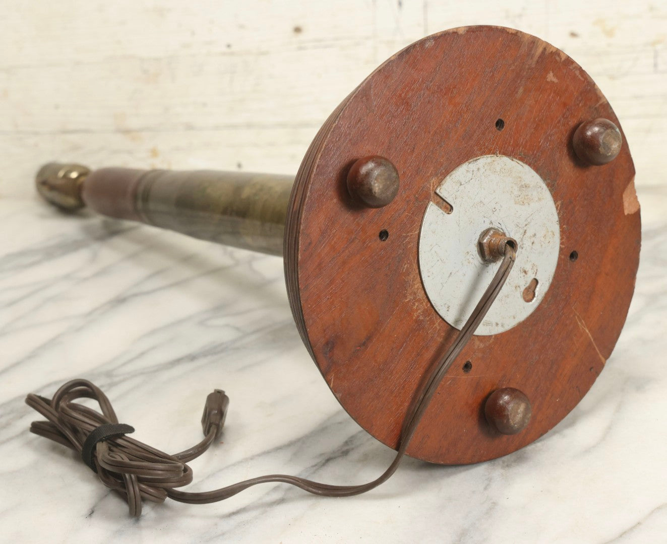 Lot 007 - Antique WWI Era Artillery Shell Trench Art Electric Lamp With Brass Shell And Wooden Projectile, 22" H