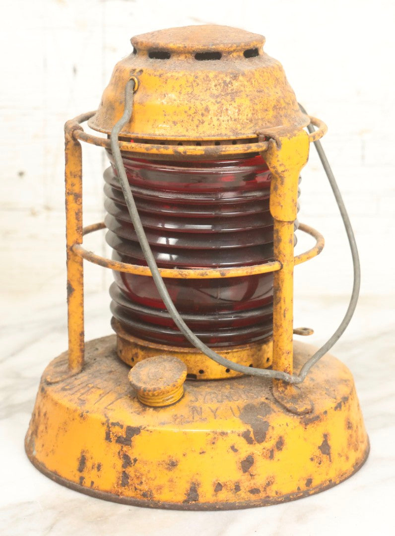 Lot 009 - Vintage Dietz Night Watch Lantern With Yellow Paint And Red Lens, 8-1/4" H