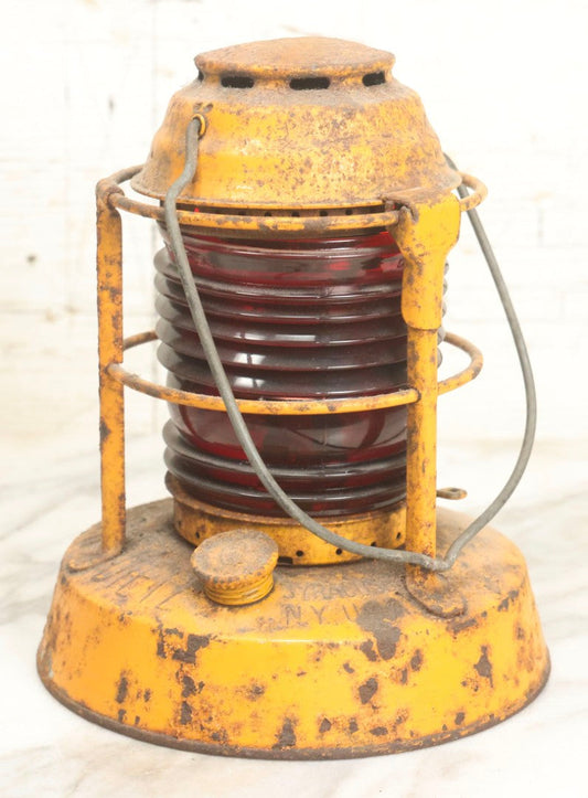 Lot 009 - Vintage Dietz Night Watch Lantern With Yellow Paint And Red Lens, 8-1/4" H