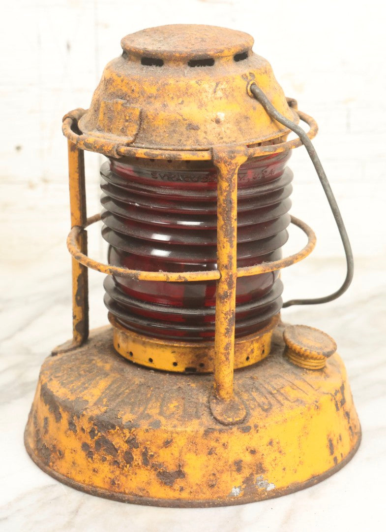 Lot 009 - Vintage Dietz Night Watch Lantern With Yellow Paint And Red Lens, 8-1/4" H