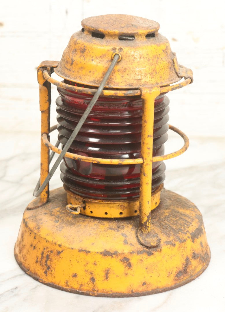 Lot 009 - Vintage Dietz Night Watch Lantern With Yellow Paint And Red Lens, 8-1/4" H
