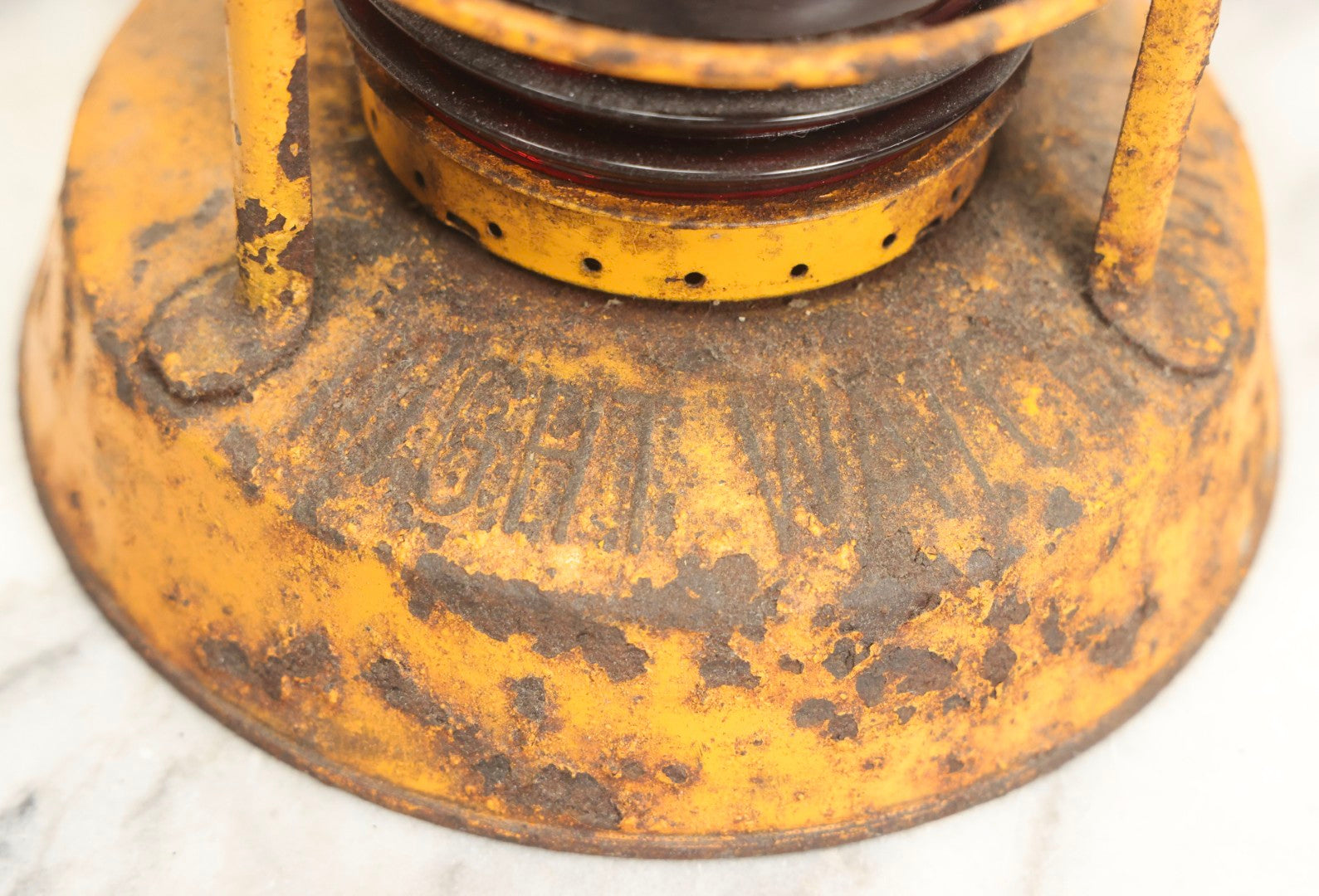 Lot 009 - Vintage Dietz Night Watch Lantern With Yellow Paint And Red Lens, 8-1/4" H