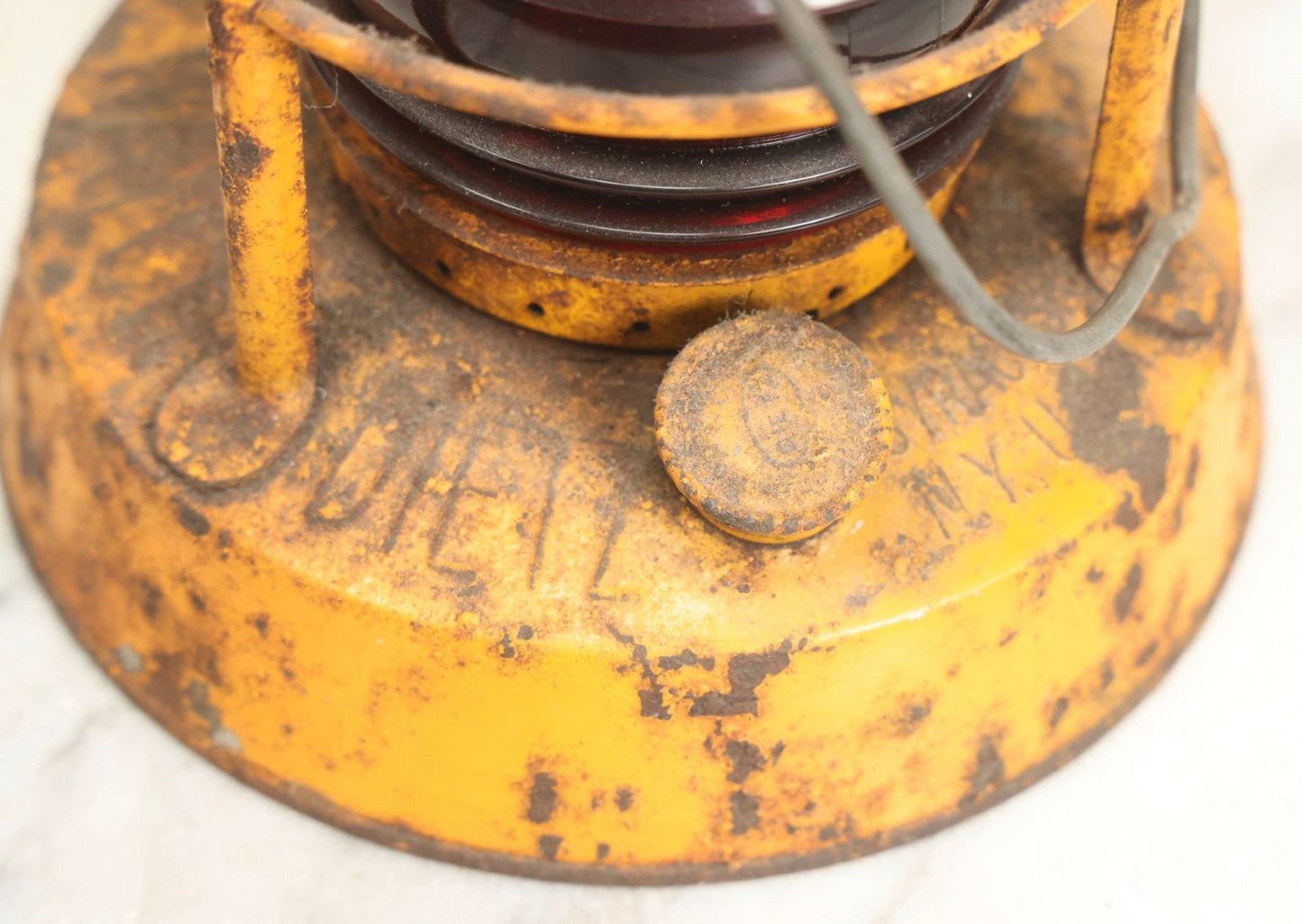 Lot 009 - Vintage Dietz Night Watch Lantern With Yellow Paint And Red Lens, 8-1/4" H