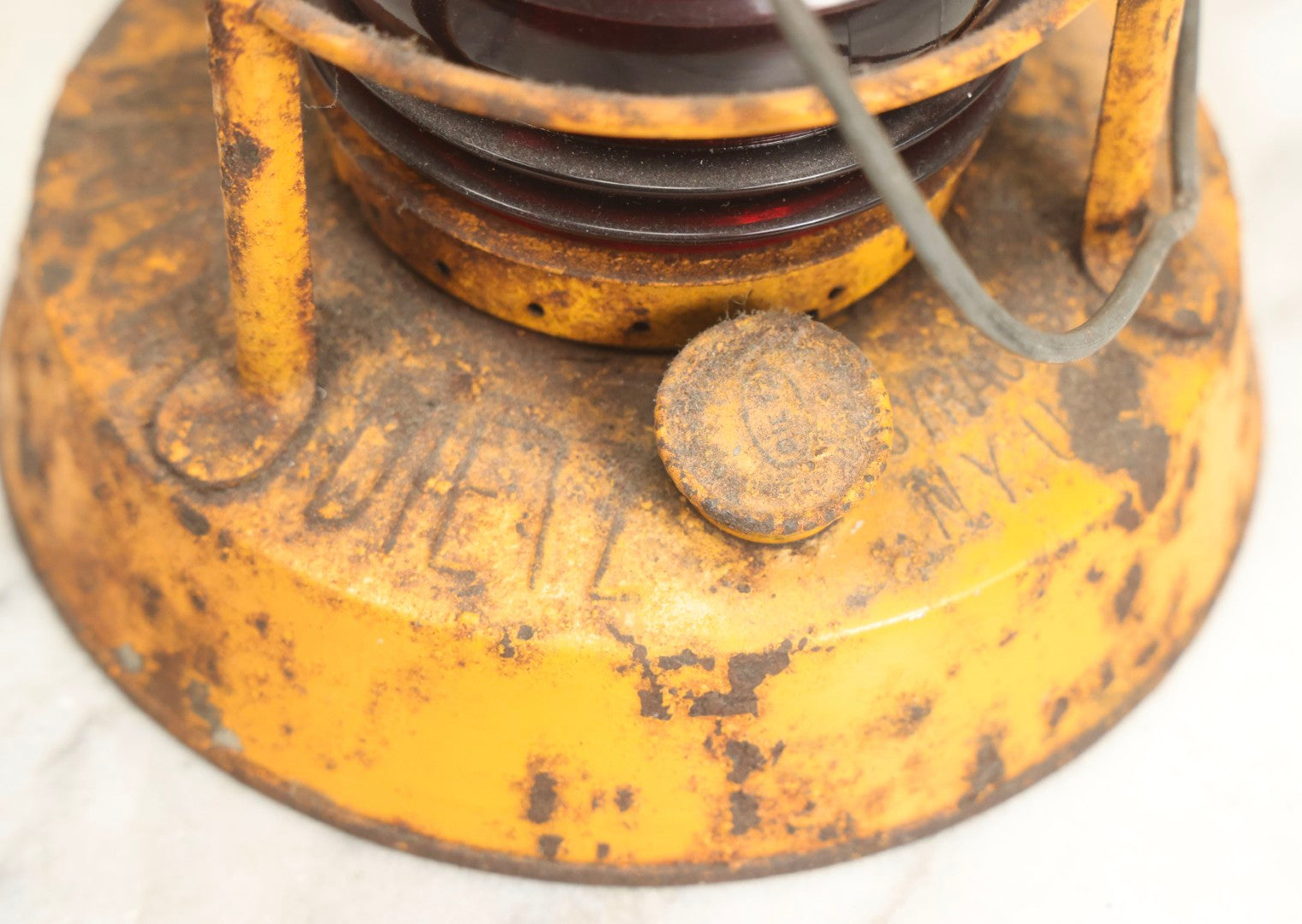 Lot 009 - Vintage Dietz Night Watch Lantern With Yellow Paint And Red Lens, 8-1/4" H