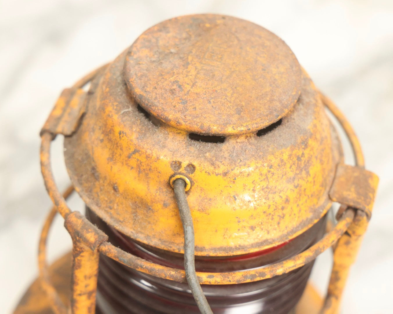 Lot 009 - Vintage Dietz Night Watch Lantern With Yellow Paint And Red Lens, 8-1/4" H