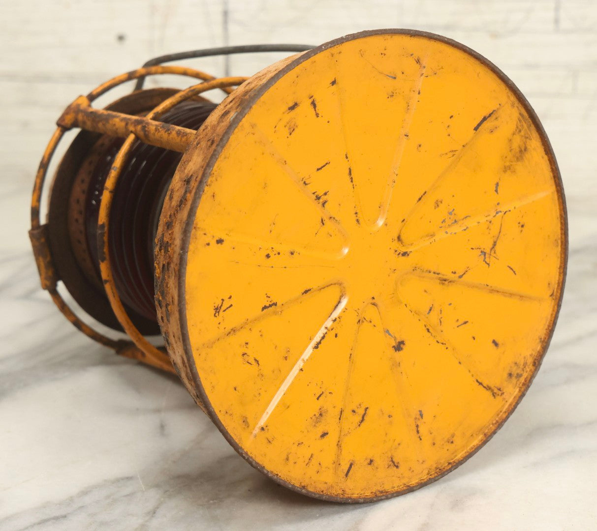 Lot 009 - Vintage Dietz Night Watch Lantern With Yellow Paint And Red Lens, 8-1/4" H