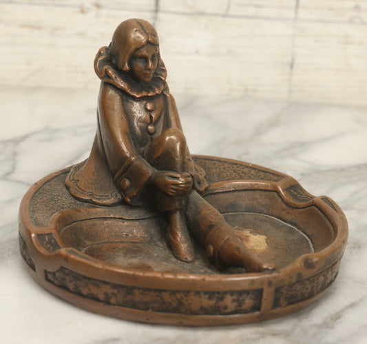 Lot 017 - Antique Art Deco Pierrot Clown Chalkware Ashtray With Bronzed Metal Shell And Figural Female Form, 6-1/8" Diameter