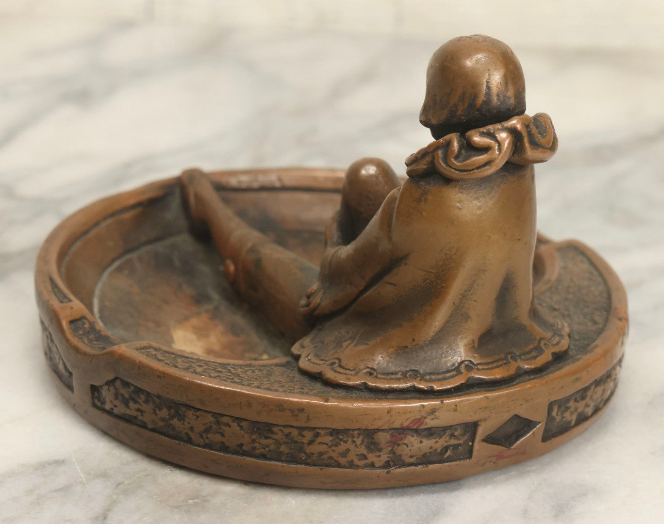 Lot 017 - Antique Art Deco Pierrot Clown Chalkware Ashtray With Bronzed Metal Shell And Figural Female Form, 6-1/8" Diameter