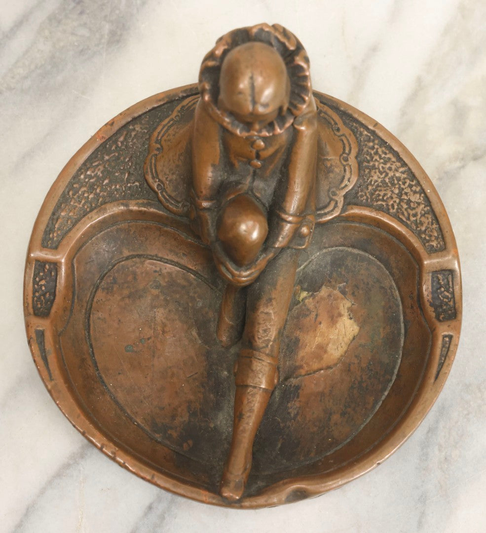 Lot 017 - Antique Art Deco Pierrot Clown Chalkware Ashtray With Bronzed Metal Shell And Figural Female Form, 6-1/8" Diameter