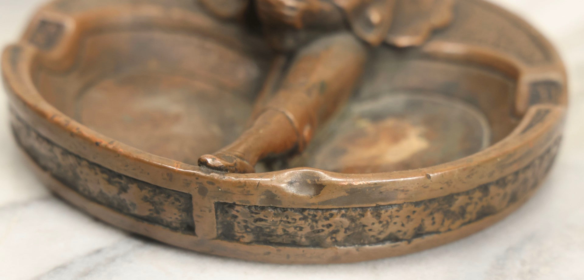 Lot 017 - Antique Art Deco Pierrot Clown Chalkware Ashtray With Bronzed Metal Shell And Figural Female Form, 6-1/8" Diameter