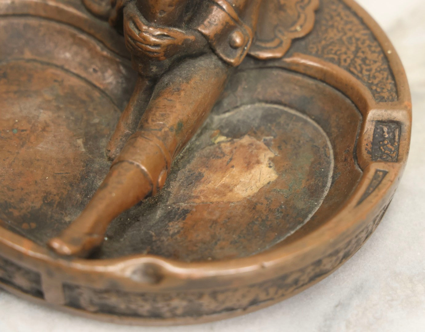 Lot 017 - Antique Art Deco Pierrot Clown Chalkware Ashtray With Bronzed Metal Shell And Figural Female Form, 6-1/8" Diameter