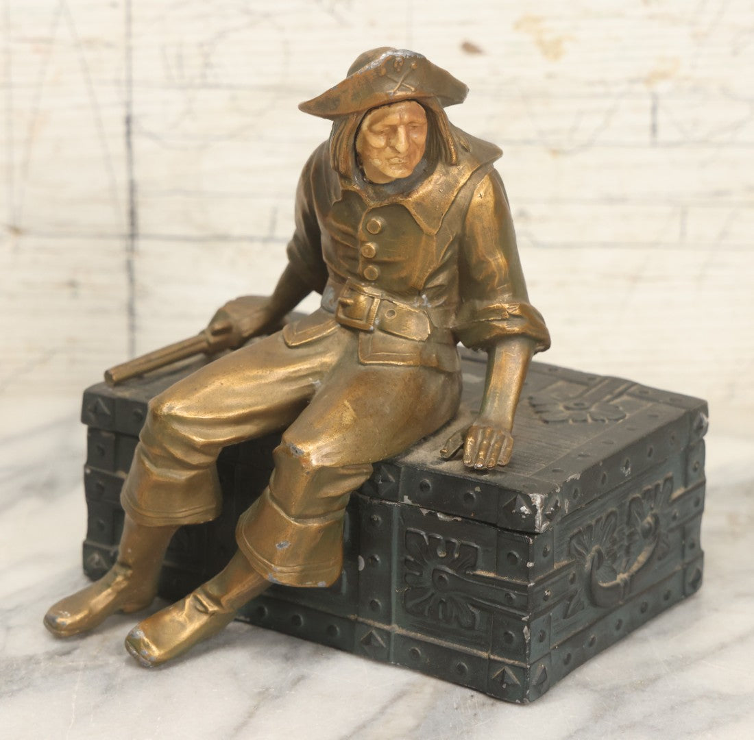 Lot 018 - Vintage Pirate Treasure Chest Change Box With Brass-Toned Buccaneer And Carved Bone Face, Circa 1940s