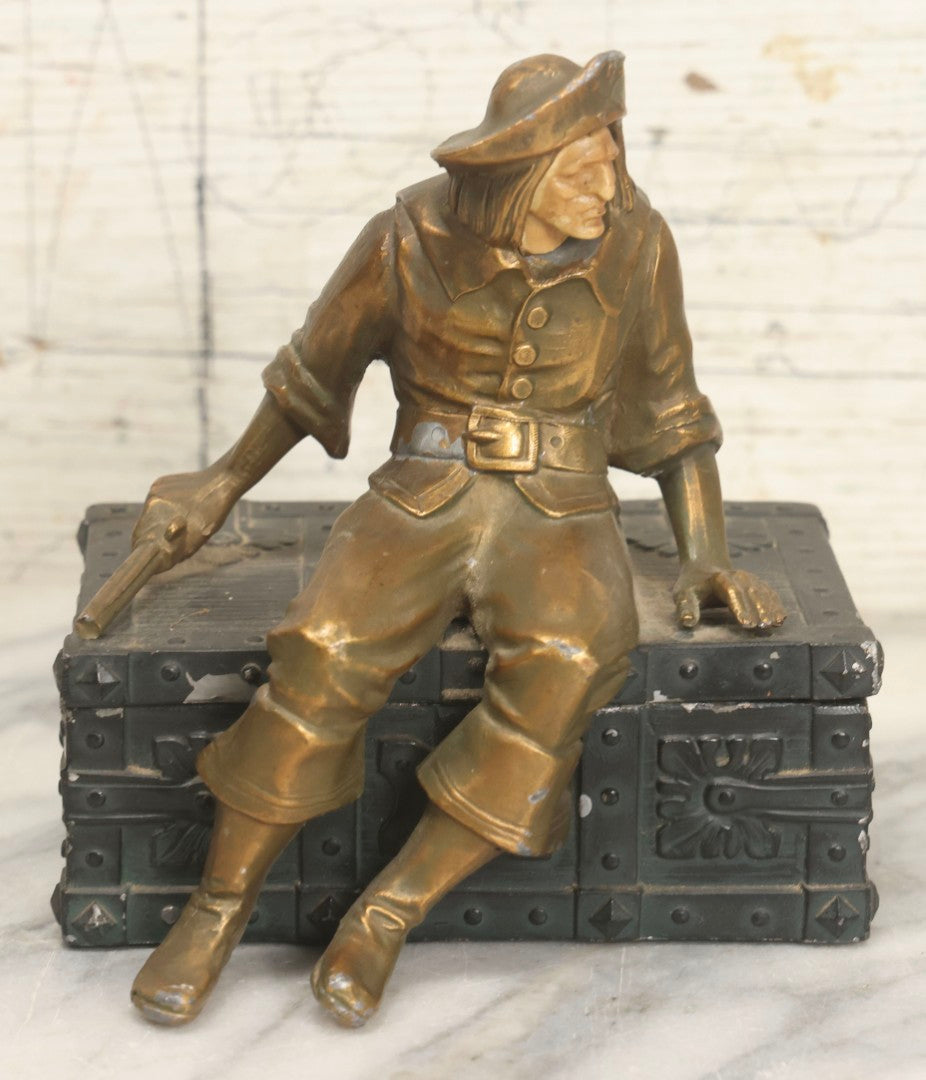 Lot 018 - Vintage Pirate Treasure Chest Change Box With Brass-Toned Buccaneer And Carved Bone Face, Circa 1940s