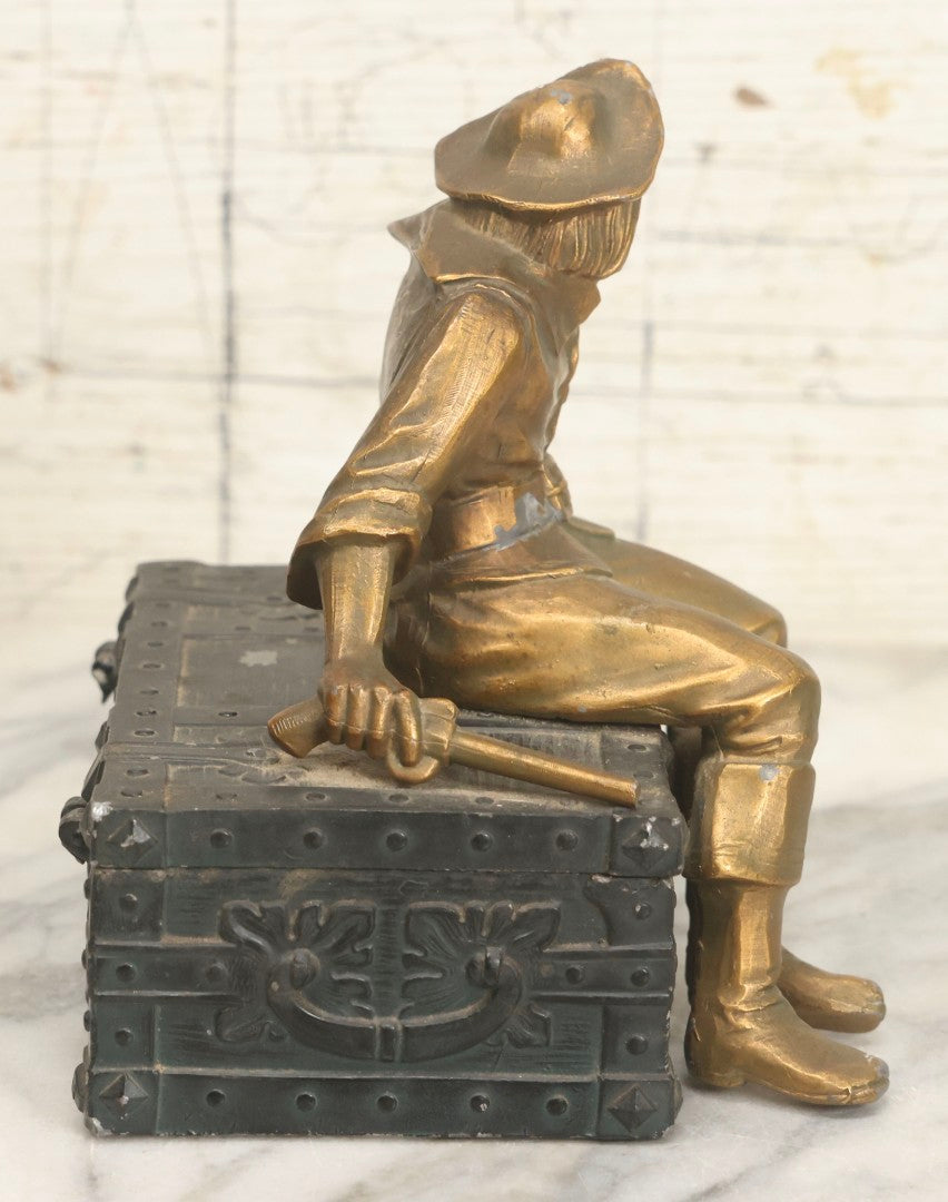 Lot 018 - Vintage Pirate Treasure Chest Change Box With Brass-Toned Buccaneer And Carved Bone Face, Circa 1940s