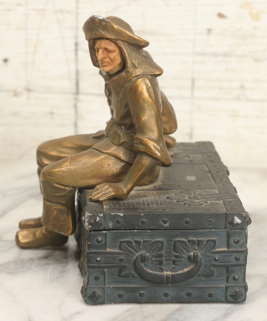 Lot 018 - Vintage Pirate Treasure Chest Change Box With Brass-Toned Buccaneer And Carved Bone Face, Circa 1940s