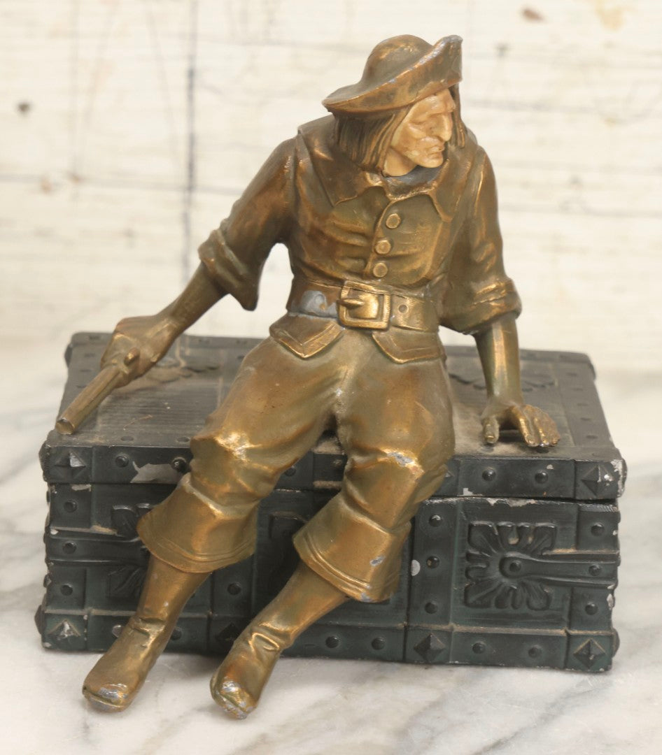 Lot 018 - Vintage Pirate Treasure Chest Change Box With Brass-Toned Buccaneer And Carved Bone Face, Circa 1940s