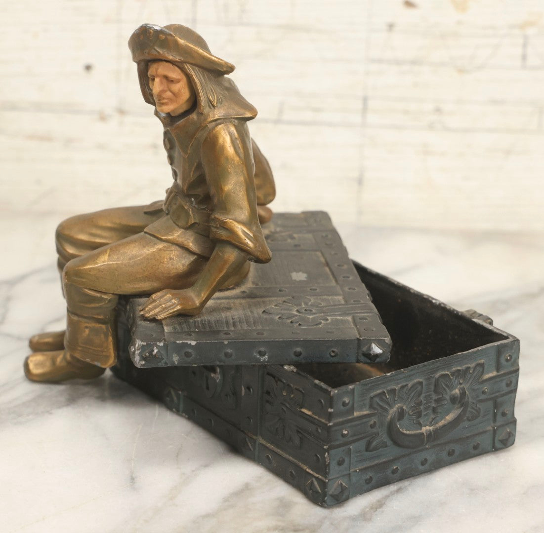 Lot 018 - Vintage Pirate Treasure Chest Change Box With Brass-Toned Buccaneer And Carved Bone Face, Circa 1940s