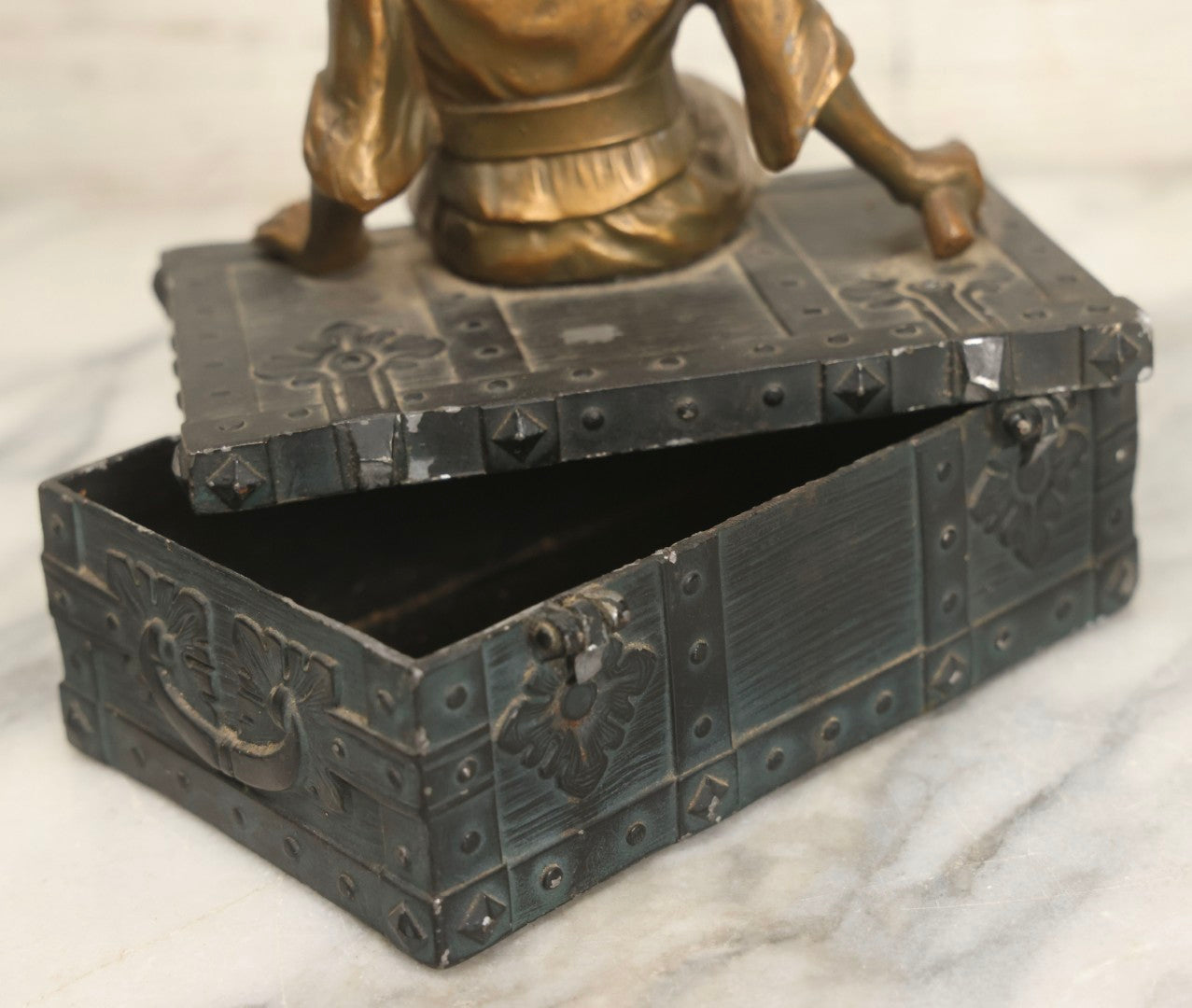 Lot 018 - Vintage Pirate Treasure Chest Change Box With Brass-Toned Buccaneer And Carved Bone Face, Circa 1940s