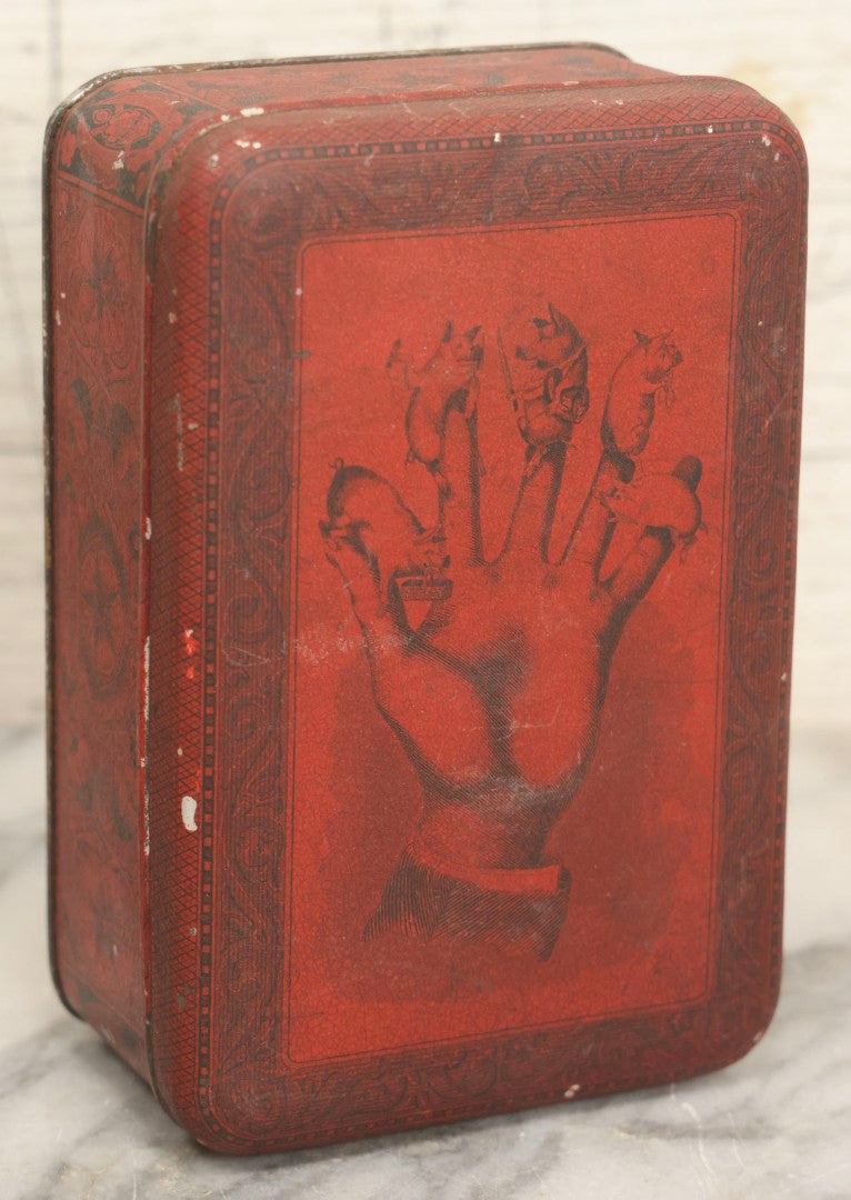 Lot 019 - Antique Red Metal Storage Box With Anthropomorphic Pig Hand Graphic, Somers Bros. Fine Metal Boxes, Brooklyn, New York, Patented April 29, 1879