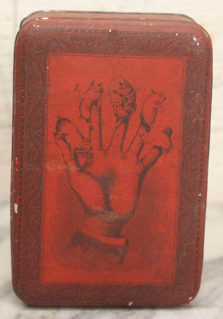 Lot 019 - Antique Red Metal Storage Box With Anthropomorphic Pig Hand Graphic, Somers Bros. Fine Metal Boxes, Brooklyn, New York, Patented April 29, 1879