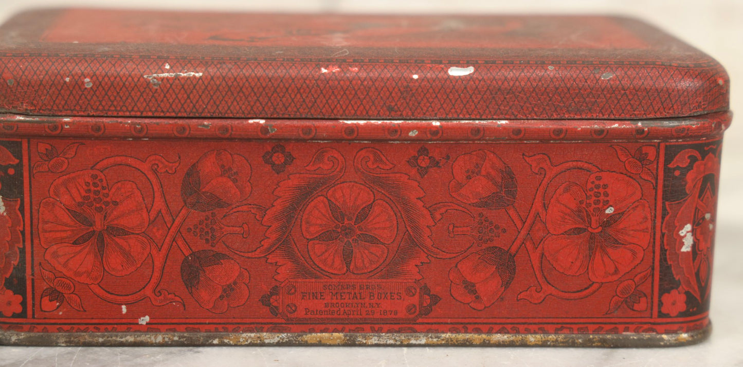 Lot 019 - Antique Red Metal Storage Box With Anthropomorphic Pig Hand Graphic, Somers Bros. Fine Metal Boxes, Brooklyn, New York, Patented April 29, 1879
