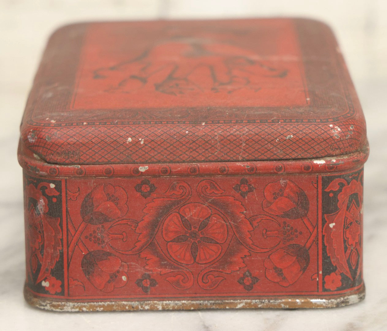 Lot 019 - Antique Red Metal Storage Box With Anthropomorphic Pig Hand Graphic, Somers Bros. Fine Metal Boxes, Brooklyn, New York, Patented April 29, 1879