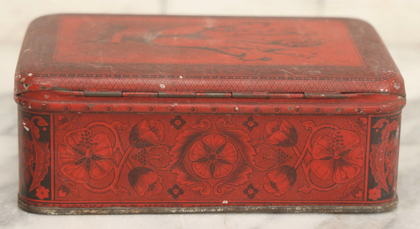 Lot 019 - Antique Red Metal Storage Box With Anthropomorphic Pig Hand Graphic, Somers Bros. Fine Metal Boxes, Brooklyn, New York, Patented April 29, 1879