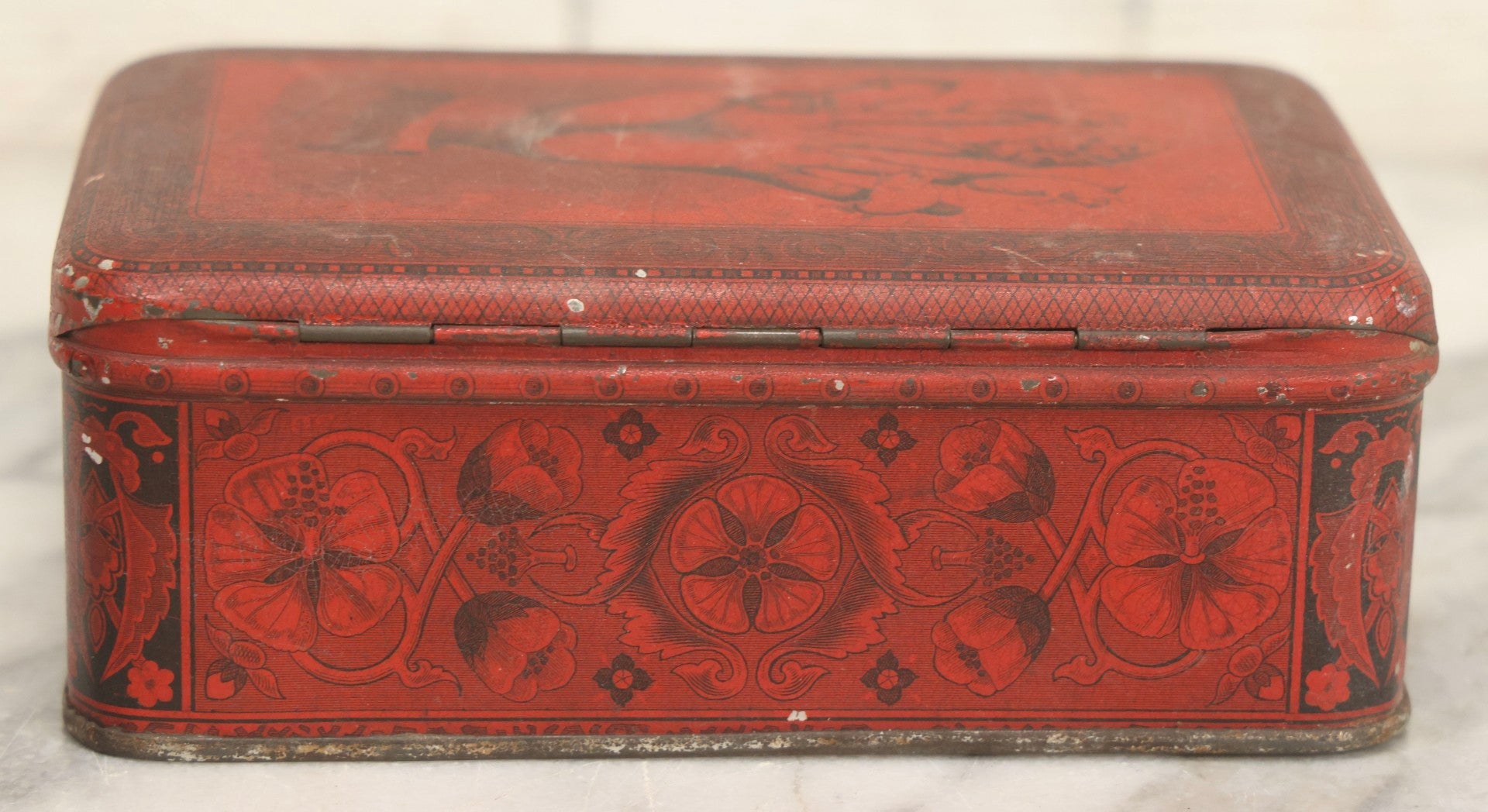 Lot 019 - Antique Red Metal Storage Box With Anthropomorphic Pig Hand Graphic, Somers Bros. Fine Metal Boxes, Brooklyn, New York, Patented April 29, 1879