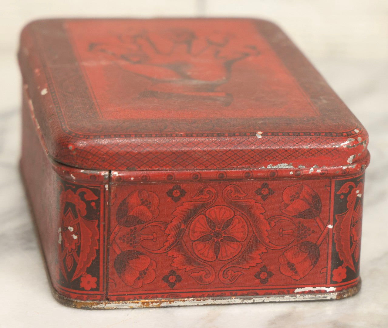 Lot 019 - Antique Red Metal Storage Box With Anthropomorphic Pig Hand Graphic, Somers Bros. Fine Metal Boxes, Brooklyn, New York, Patented April 29, 1879