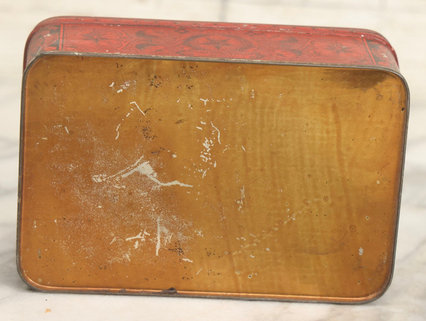 Lot 019 - Antique Red Metal Storage Box With Anthropomorphic Pig Hand Graphic, Somers Bros. Fine Metal Boxes, Brooklyn, New York, Patented April 29, 1879