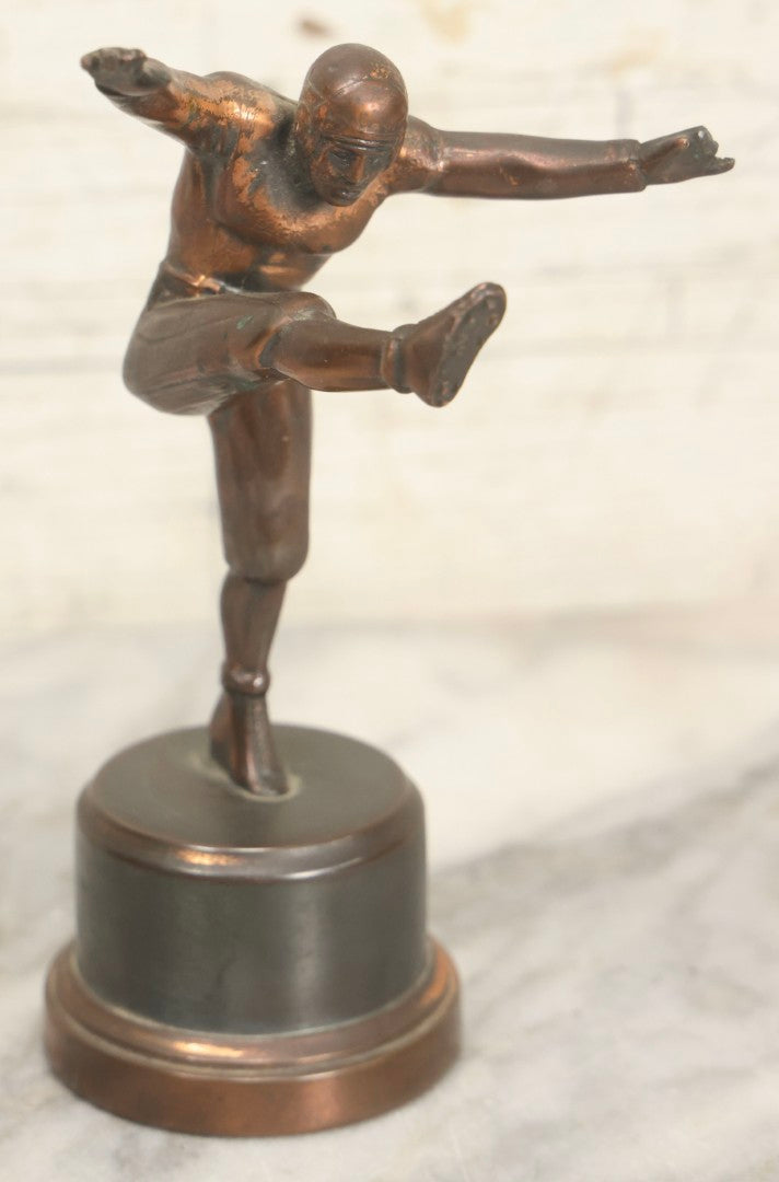 Lot 021 - Vintage Bronze-Toned Metal Football Kicker Trophy Figure, Circa 1940s 6-1/2" H