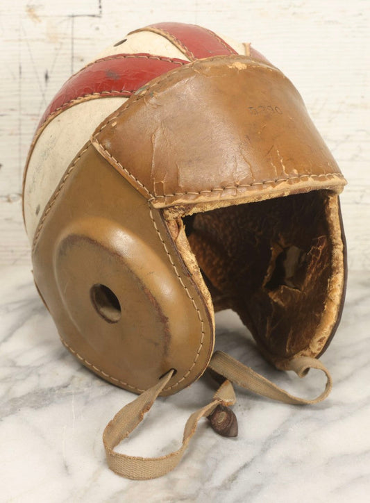 Lot 022 - Vintage Leather American Football Helmet With Red On White Stitched Panels And Ear Holes, Size 7-1/4, Marked D290