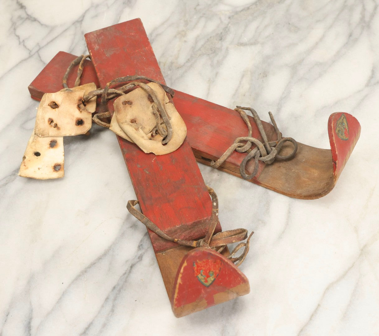 Lot 023 - Vintage Pair Of Children's Wooden Snow Skis Skates, F. D. Peters Co., Gloversville, New York, Circa 1920s 12-1/2" L Each